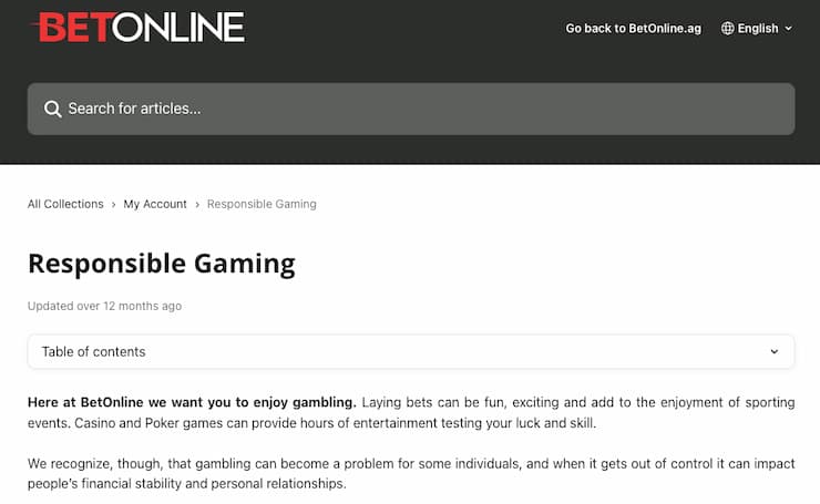 A screenshot of the responsible gambling section at BetOnline, demonstrating leading sportsbooks' commitments to betting responsibly when placing a sports teaser.